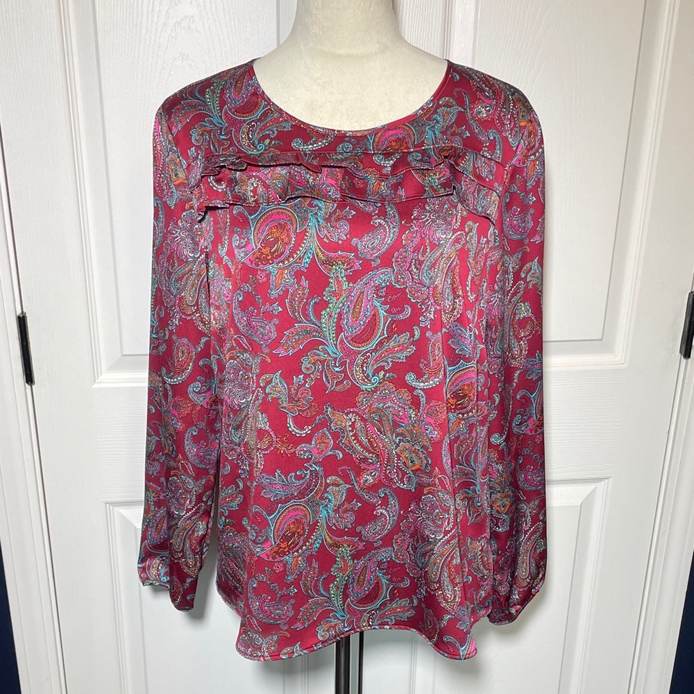 Talbots Paisley Print Silky Long Sleeve Blouse Ruffle Detail Size Large‎